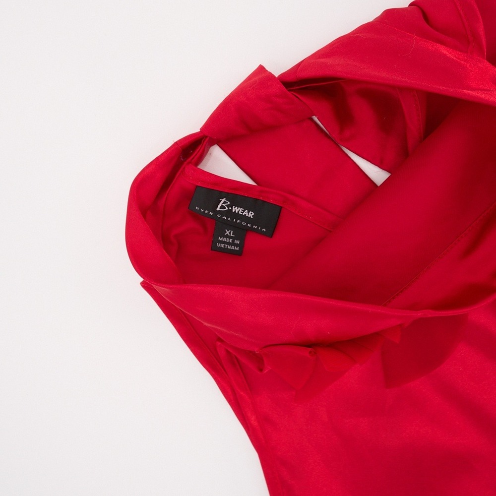 B. Wear Red Satin Halter Blouse Layered Petal Detail Bow Back - Picture 4 of 5